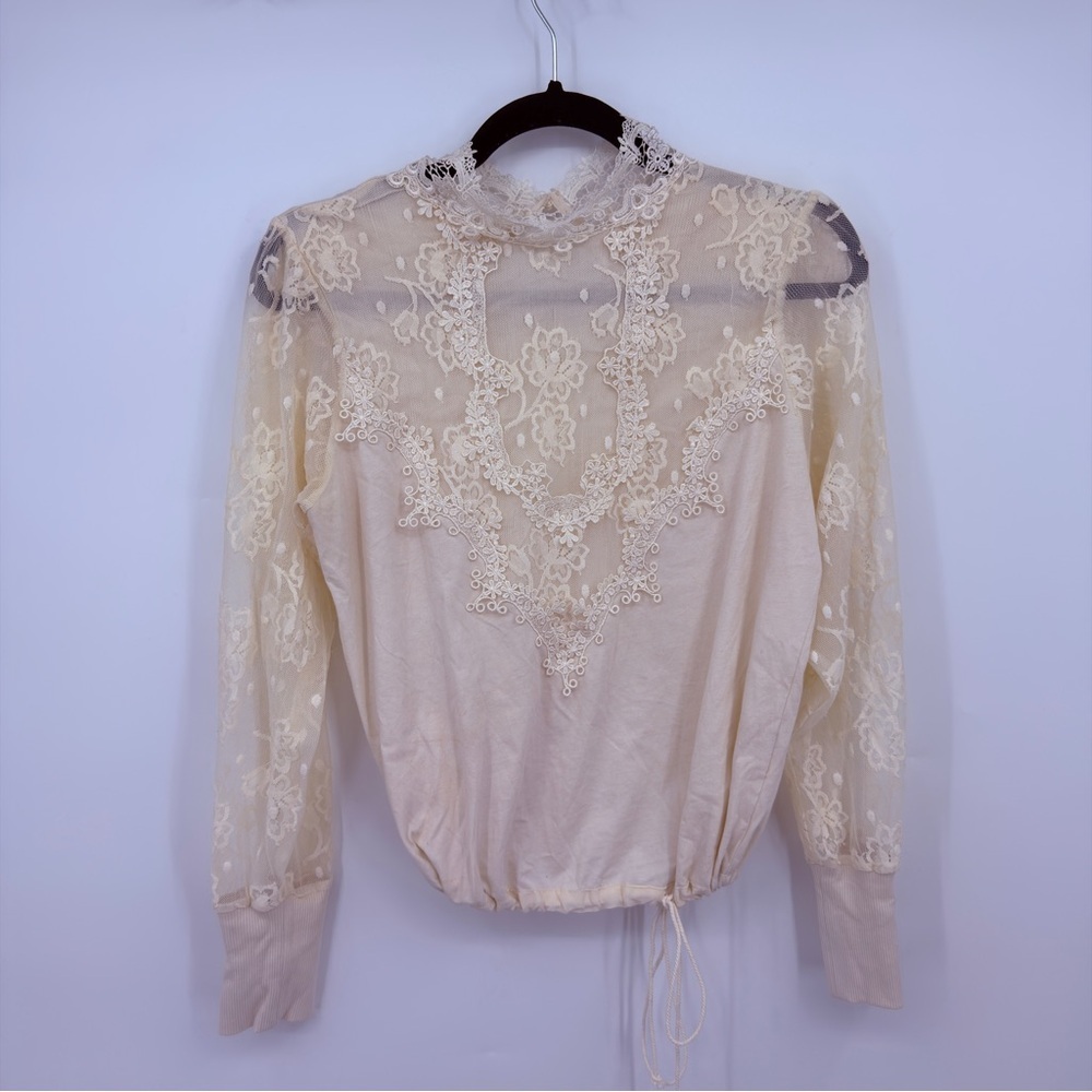 Tiny Cream Lace Blouse High Neck Embroidered Long Sleeve Top Size S - Picture 3 of 7